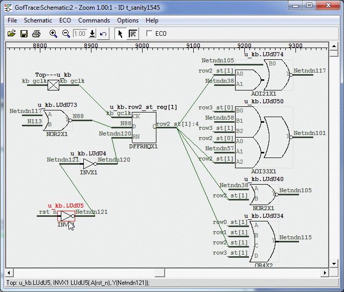 GOF Debug schematic expanded from a selected flip-flop to show its connected drivers and loads.